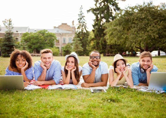 A group of students lined on a lawn in front of a college.